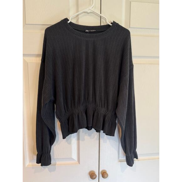 New ZARA Black Gray Textured Long Sleeve Cinched Waist Top Sweater Med - Picture 1 of 6